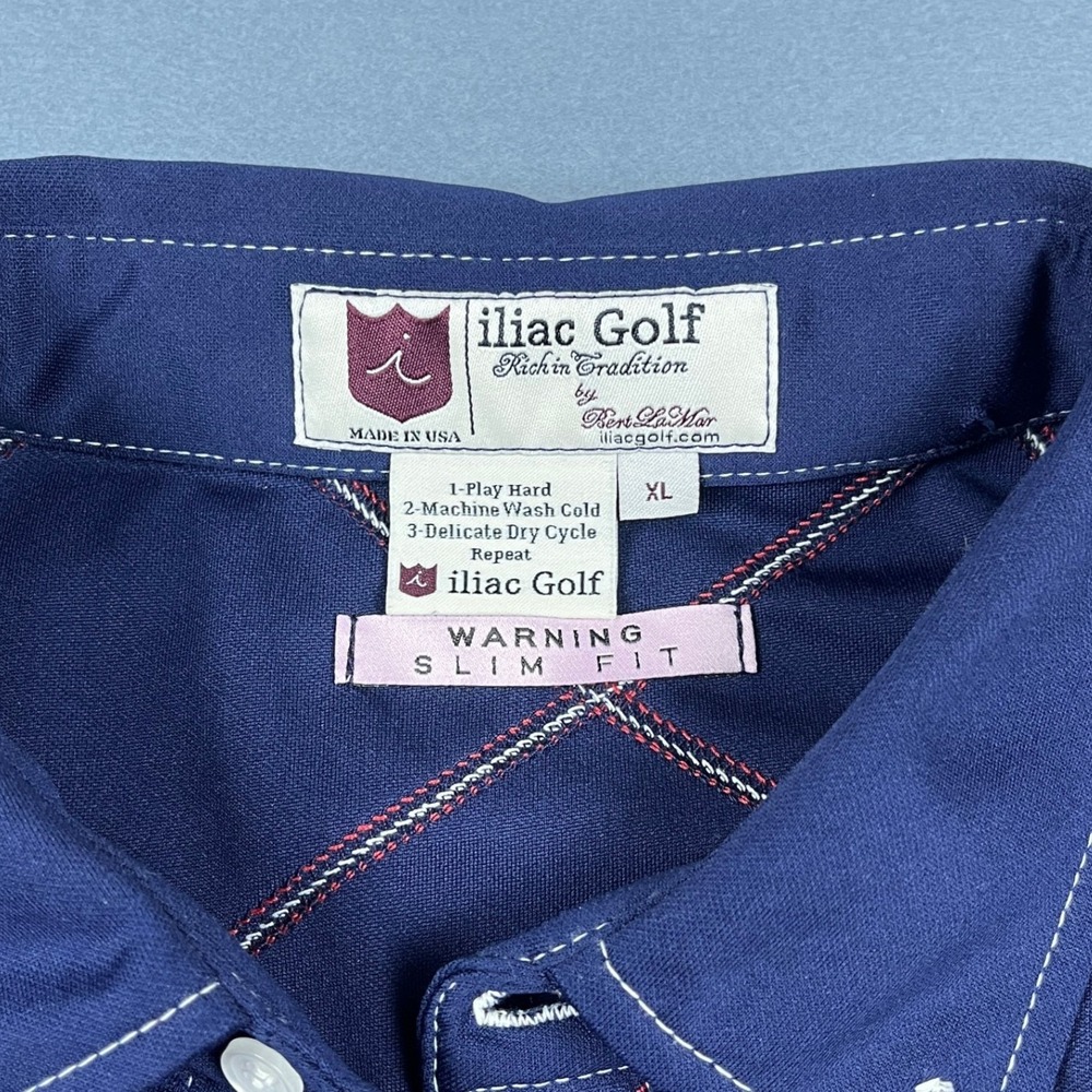 Iliac Golf Mens XL Slim Fit Navy Blue Diamond Stitch Performance Polo Shirt USA - Picture 3 of 8